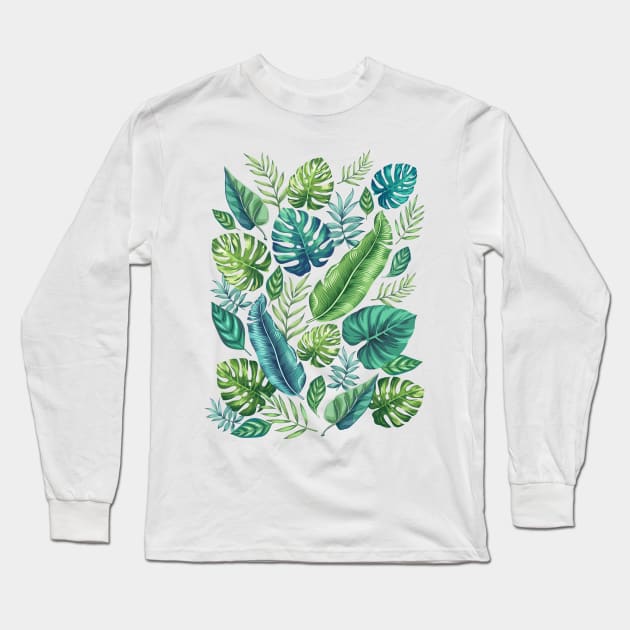 Green & Teal Tropical Palm Banana Monstera Leaves Long Sleeve T-Shirt by CatyArte